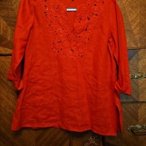 Jones New York Size Medium Linen Elegant Red Lacey-Cutout Women's Top